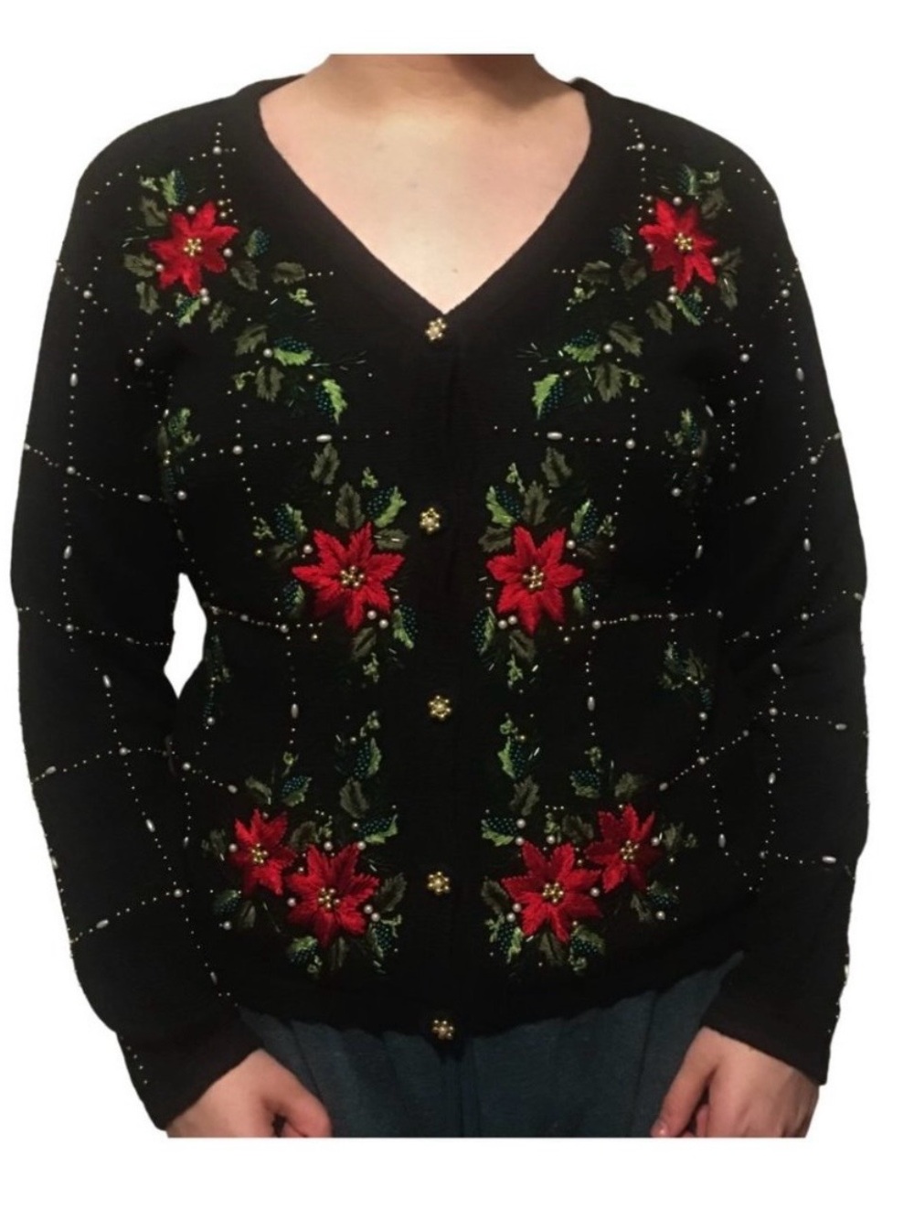 Vtg B.P. Design Cardigan Women's L Ugly Christmas Sweater Granny Embroidery
90's